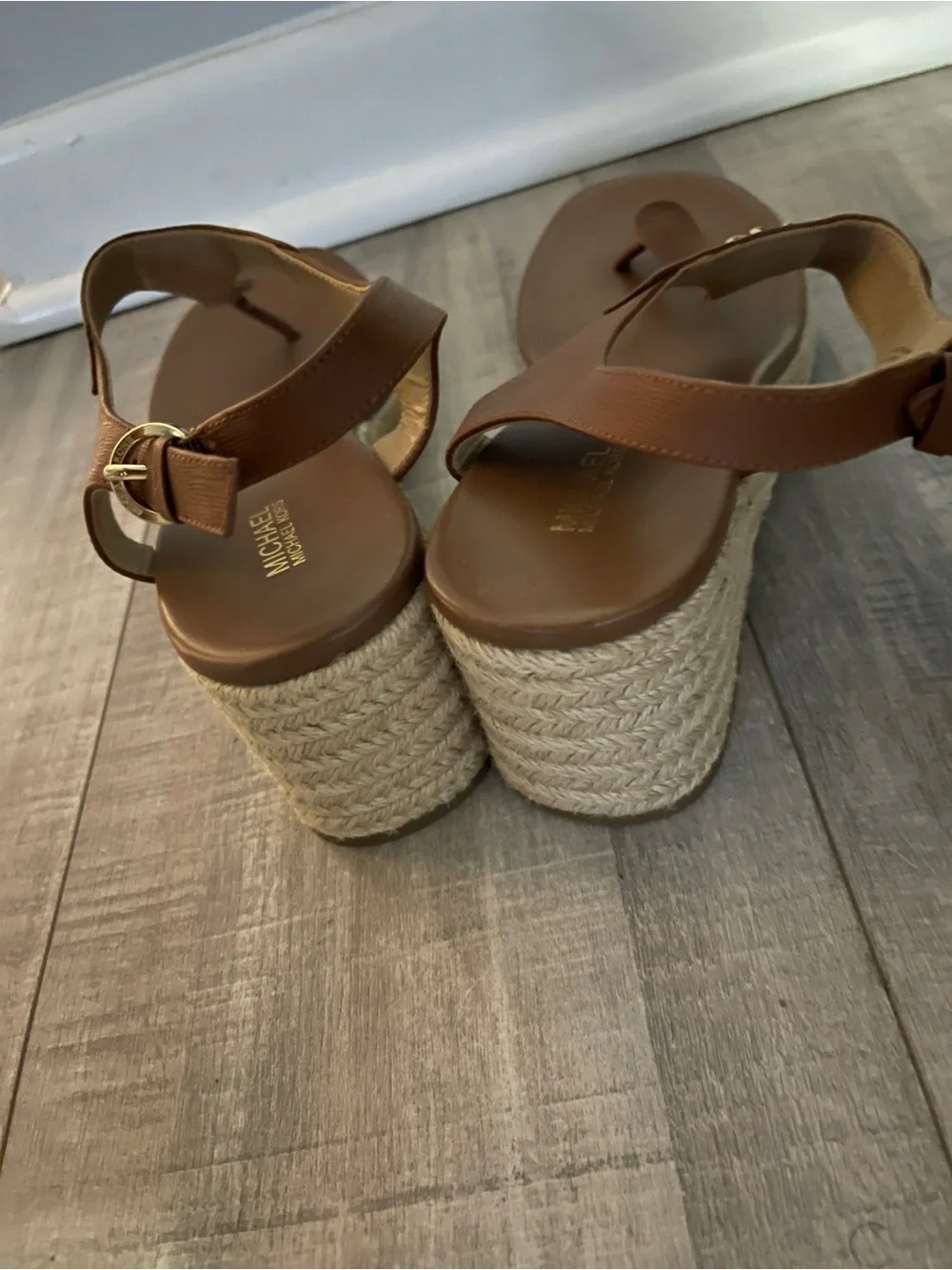 Michael Kors Tan Leather T-Strap Sandals with Gold MK Accent